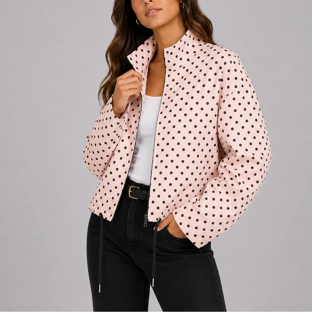 Sage | Women's Bomber Jacket Polka Dot Casual Playful Patterned Relaxed Soft Chic Everyday Autumn Winter Layering Statement