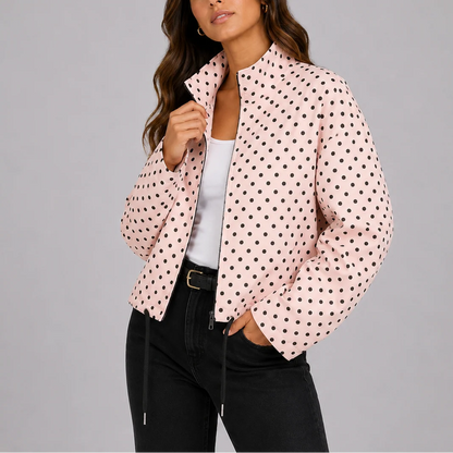 Sage | Women's Bomber Jacket Polka Dot Casual Playful Patterned Relaxed Soft Chic Everyday Autumn Winter Layering Statement