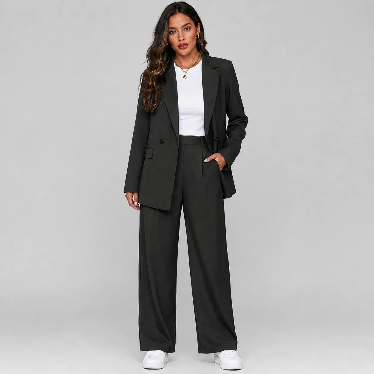 Tatiana | Women's Co-ord Set Longline Blazer Wide-Leg Trousers Two-Piece Tailored Structured Smart Occasion Office Coordinated