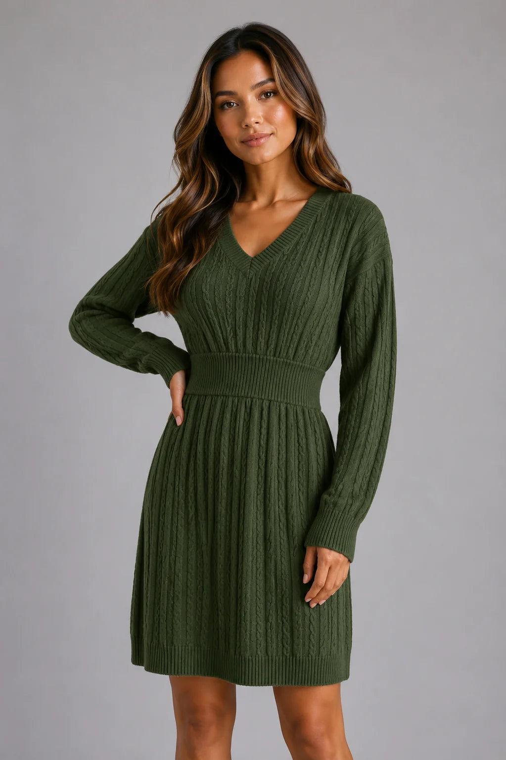 Paris | Women's Midi Dress Cable-Knit V-Neck Shirred Waist Fitted Soft Cosy Warm Feminine Chic Occasion Everyday Autumn Winter