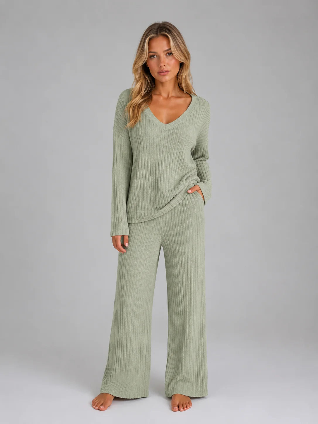 Rosemary | Women's Lounge Set Ribbed Knit V-Neck Jumper Wide-Leg Trousers Two-Piece Soft Cosy Warm Coordinated Comfort Loungewear