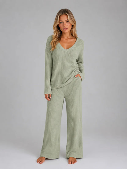 Rosemary | Women's Lounge Set Ribbed Knit V-Neck Jumper Wide-Leg Trousers Two-Piece Soft Cosy Warm Coordinated Comfort Loungewear