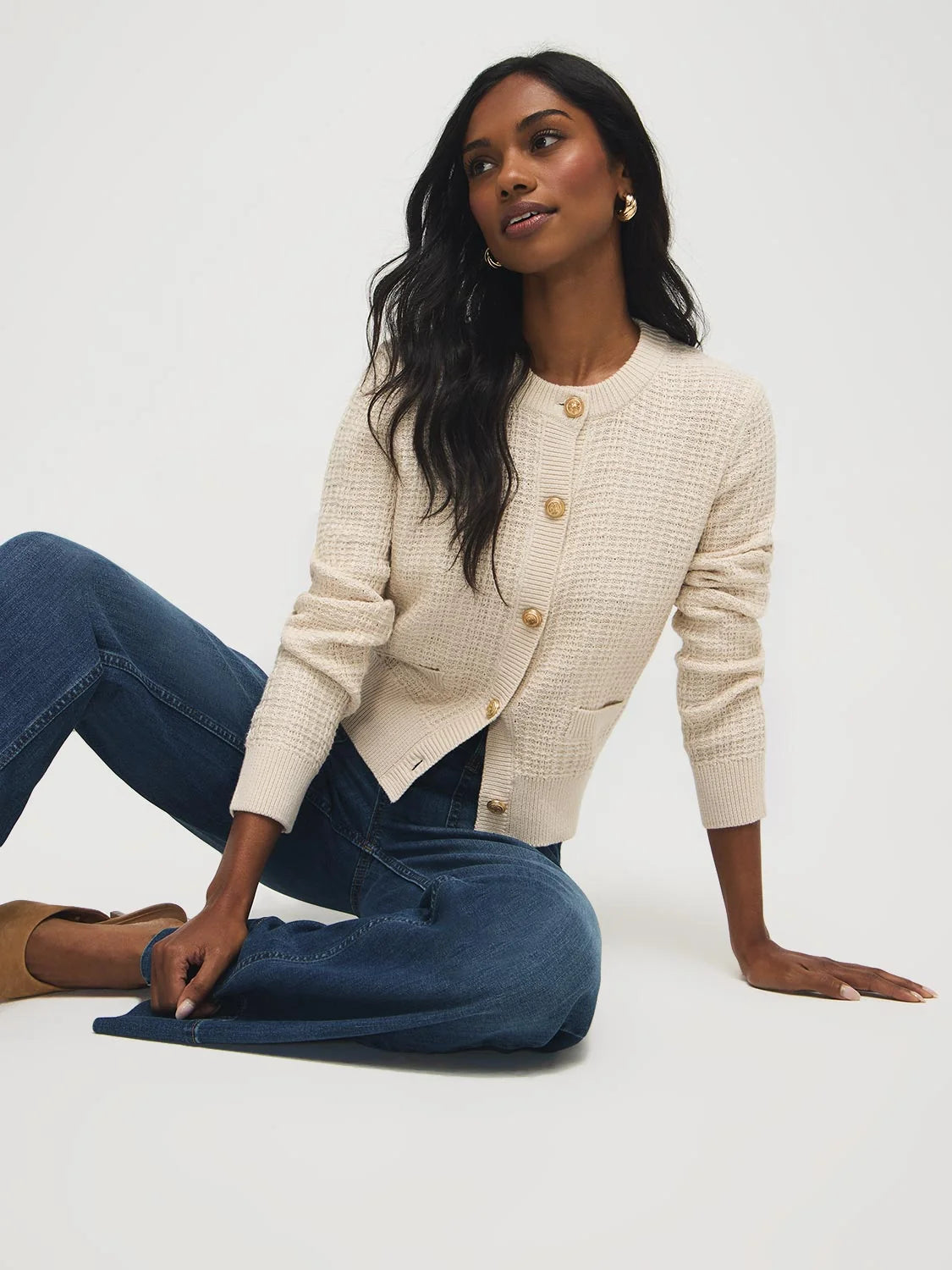 Lacey | Women's Cardigan Cotton-Blend Button Front Crew Neck Ribbed Trim Relaxed Soft Cosy Warm Layering Chic Casual Everyday