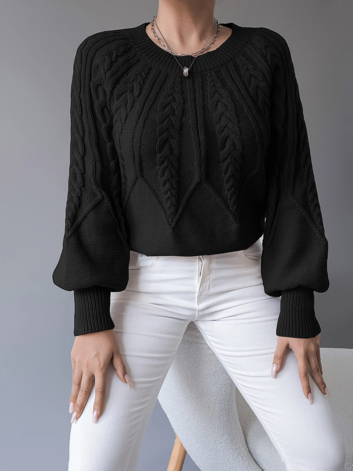 Kimberly | Women's Sweater Cable-Knit Lantern Sleeve Chunky Textured Soft Cosy Warm Layering Chic Feminine Casual Everyday Autumn