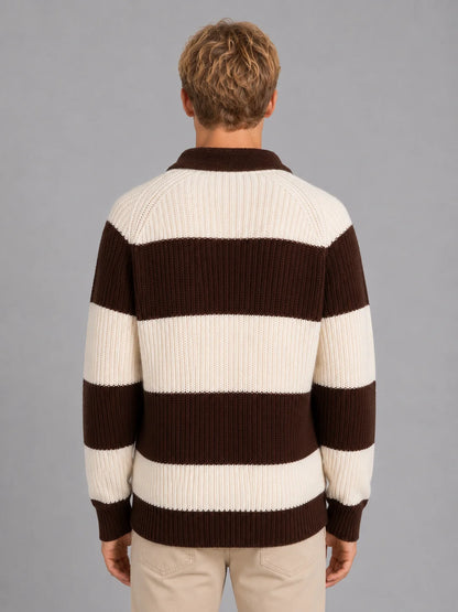 Bellamy | Men's Polo Sweater Striped Button Neck Ribbed Knit Soft Warm Refined Smart Casual Everyday Layering Autumn Winter