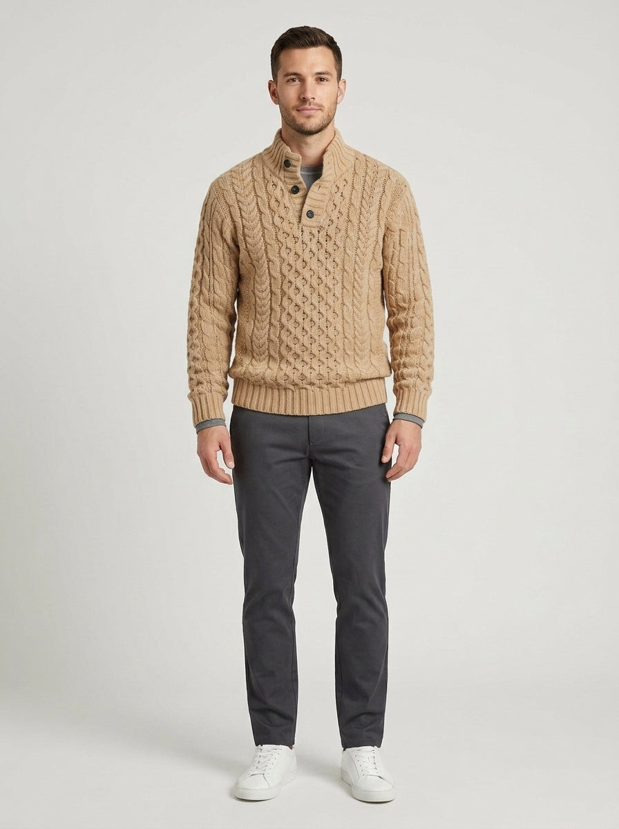 Finnian | Men's Cable-Knit Sweater Chunky Button Neck Textured Warm Soft Smart Casual Everyday Layering Autumn Winter Knitwear - Front [Lystr 6a7ec711399bf9f70198b908:front]