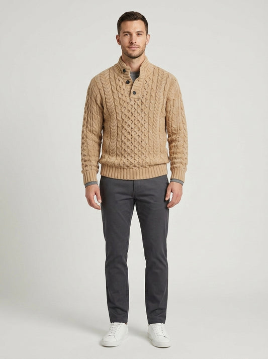 Finnian | Men's Cable-Knit Sweater Chunky Button Neck Textured Warm Soft Smart Casual Everyday Layering Autumn Winter Knitwear - Front [Lystr 6a7ec711399bf9f70198b908:front]