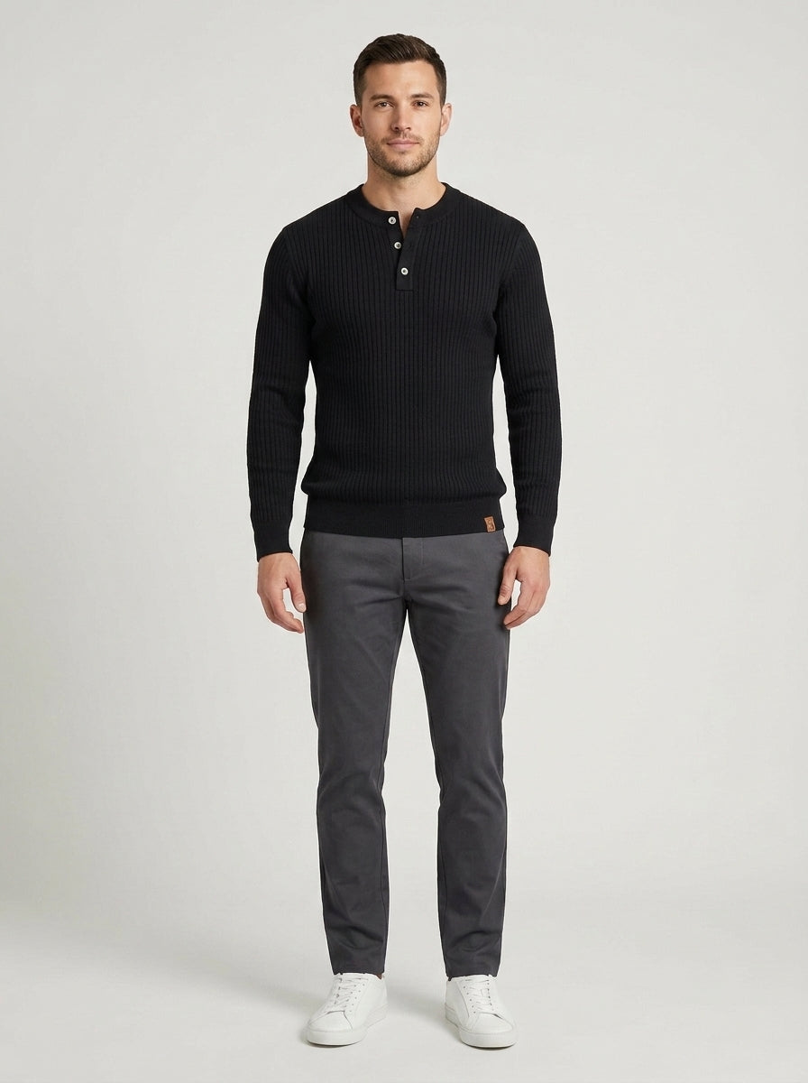 Percival | Men's Henley Sweater Ribbed Knit Textured Soft Warm Refined Smart Casual Everyday Layering Autumn Winter Knitwear Cosy - Front [Lystr 6a7ec6d6399bf9f70198b8fc:front]