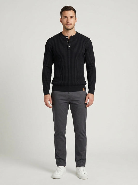 Percival | Men's Henley Sweater Ribbed Knit Textured Soft Warm Refined Smart Casual Everyday Layering Autumn Winter Knitwear Cosy - Front [Lystr 6a7ec6d6399bf9f70198b8fc:front]