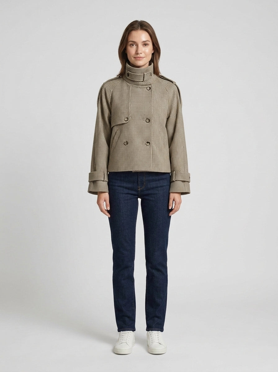 Kyra | Women's Jacket Stand Collar Houndstooth Structured Tailored Patterned Warm Smart Occasion Everyday Autumn Winter Statement - Front [Lystr 6a849fc98dc0052d69880c52:front]