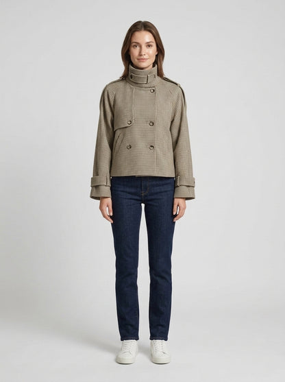Kyra | Women's Jacket Stand Collar Houndstooth Structured Tailored Patterned Warm Smart Occasion Everyday Autumn Winter Statement - Front [Lystr 6a849fc98dc0052d69880c52:front]