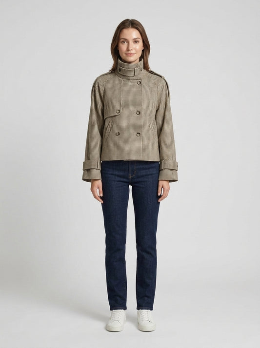 Kyra | Women's Jacket Stand Collar Houndstooth Structured Tailored Patterned Warm Smart Occasion Everyday Autumn Winter Statement - Front [Lystr 6a849fc98dc0052d69880c52:front]
