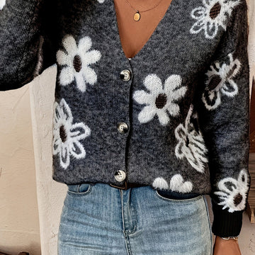 Marina | Women's Cardigan Floral V-Neck Button Front Knit Soft Feminine Cosy Warm Relaxed Layering Chic Casual Everyday Autumn