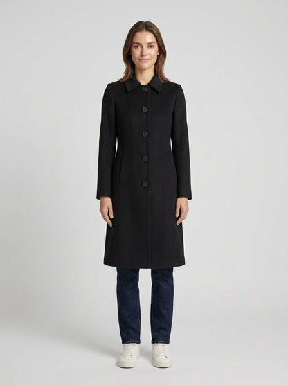 Isla | Women's Coat Classic Collar Single-Breasted Long Button - Black - Front [Lystr 6a7ef4980a1912fe6f7813b7:front]