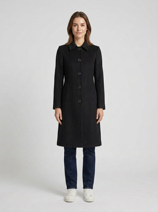 Isla | Women's Coat Classic Collar Single-Breasted Long Button - Black - Front [Lystr 6a7ef4980a1912fe6f7813b7:front]