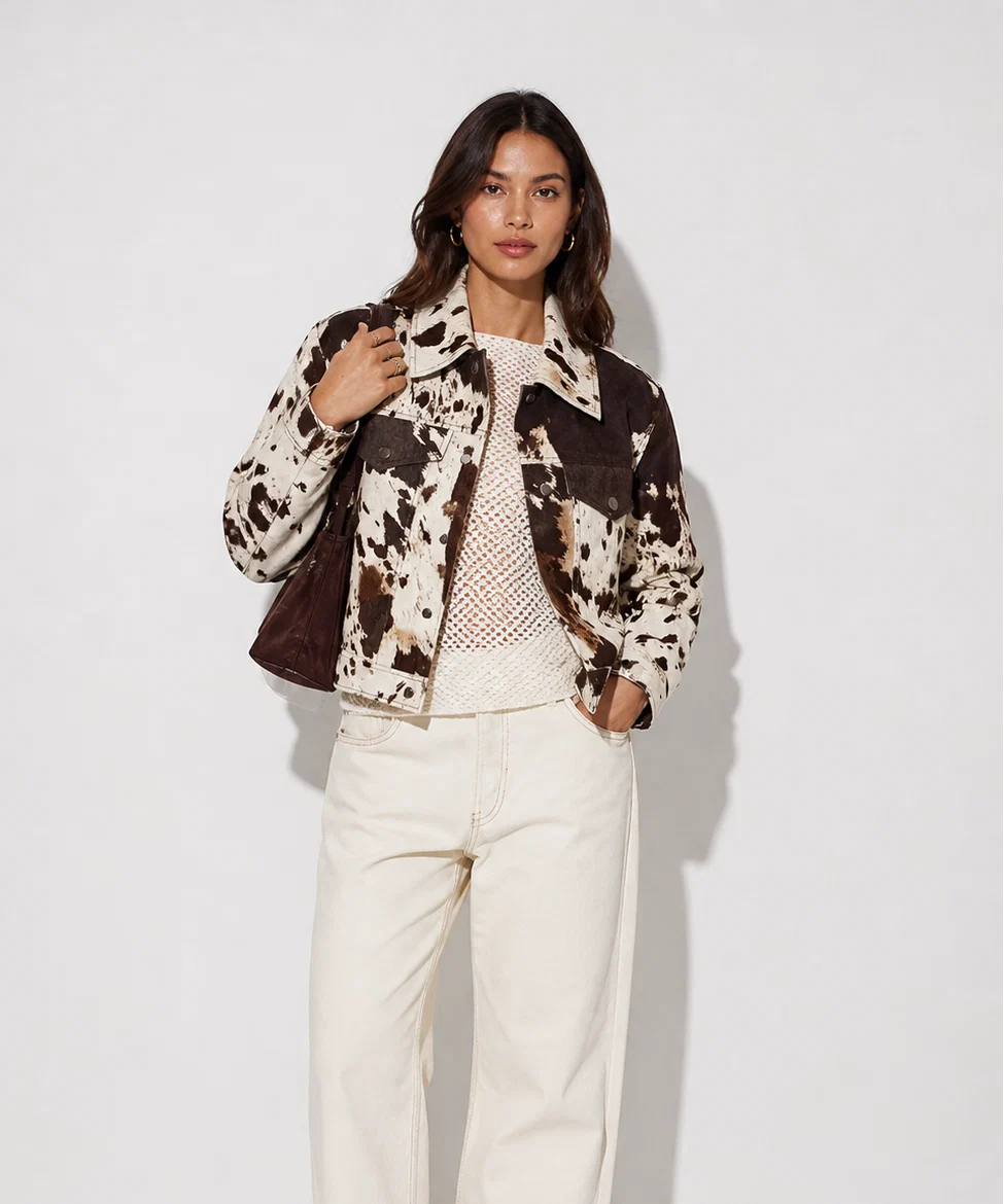 Maisie | Women's Jacket Cow Print Statement Bold Patterned Structured Chic Trendy Casual Occasion Everyday Autumn Winter Layering