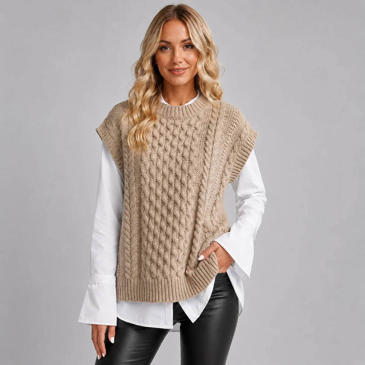 Valeria | Women's Vest Sweater Cable-Knit Round Neck Sleeveless Chunky Soft Cosy Warm Layering Chic Feminine Casual Everyday Autumn