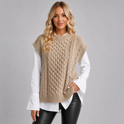 Valeria | Women's Vest Sweater Cable-Knit Round Neck Sleeveless Chunky Soft Cosy Warm Layering Chic Feminine Casual Everyday Autumn