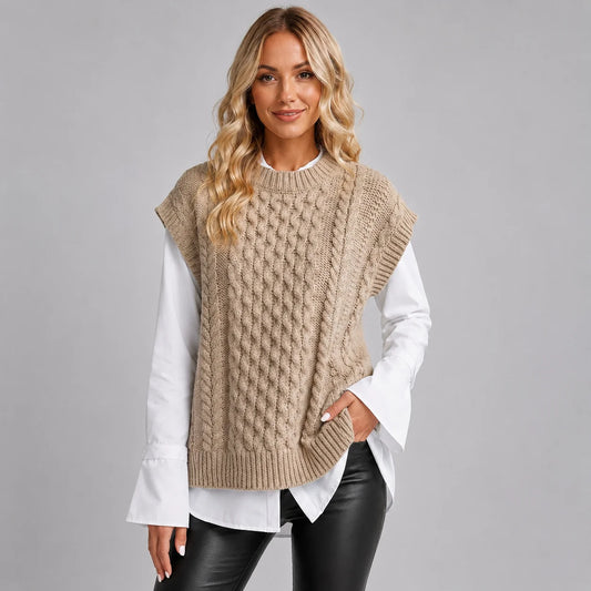 Valeria | Women's Vest Sweater Cable-Knit Round Neck Sleeveless Chunky Soft Cosy Warm Layering Chic Feminine Casual Everyday Autumn