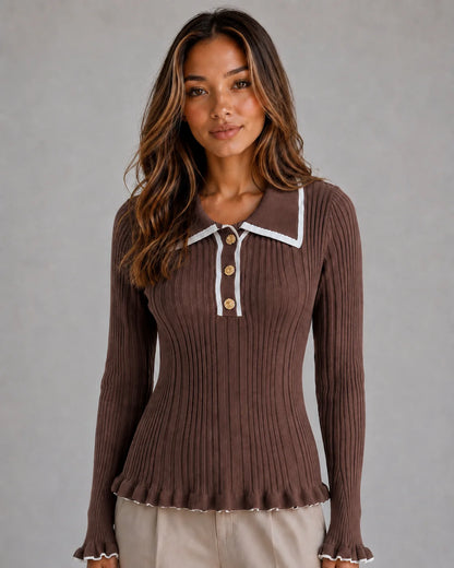 Presley | Women's Sweater Ribbed Knit Polo Long-Sleeve Fitted Soft Warm Layering Chic Feminine Casual Everyday Autumn Winter