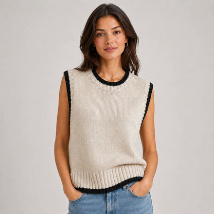 Tessa | Women's Vest Sweater Contrast Trim Round Neck Sleeveless Knit Soft Cosy Warm Layering Chic Feminine Casual Everyday Autumn