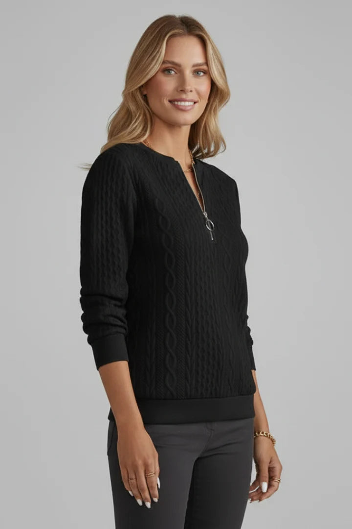 Nataly | Women's Sweater Cable-Knit Zip Neck Textured Chunky Soft Cosy Warm Layering Chic Feminine Casual Everyday Autumn Winter