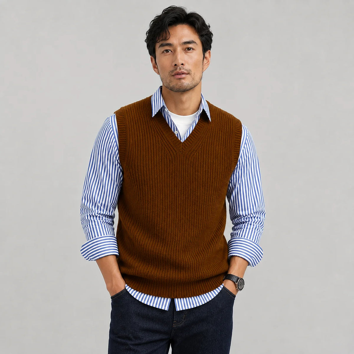 Lowell | Men's Vest Sweater V-Neck Ribbed Knit Sleeveless Soft Warm Layering Smart Casual Everyday Autumn Winter Knitwear