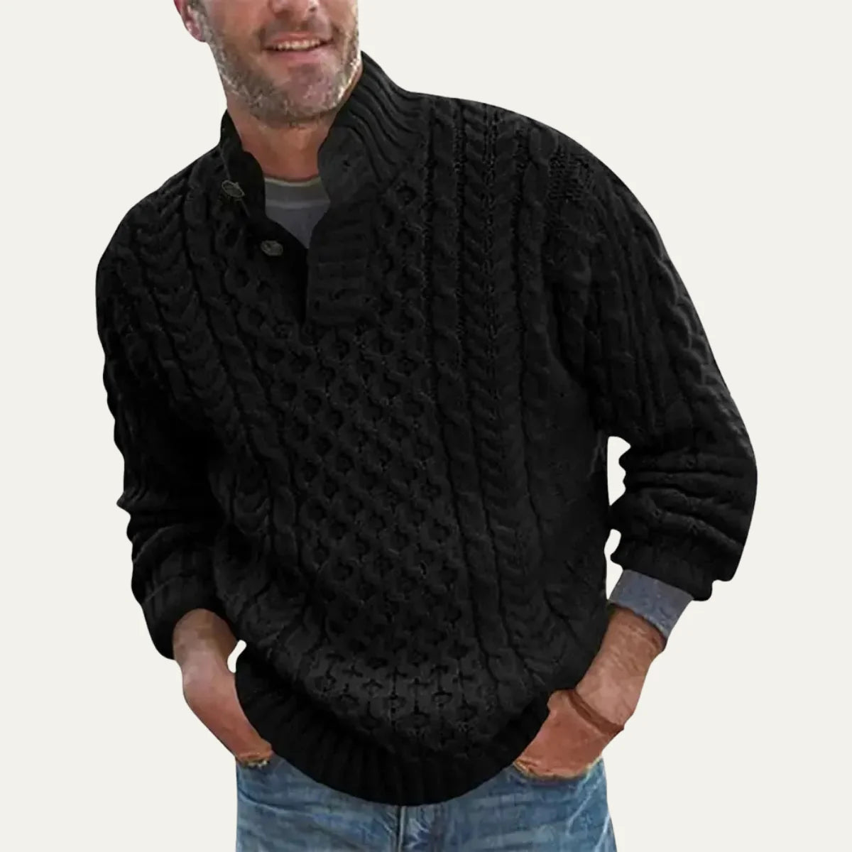 Finnian | Men's Cable-Knit Sweater Chunky Button Neck Textured Warm Soft Smart Casual Everyday Layering Autumn Winter Knitwear