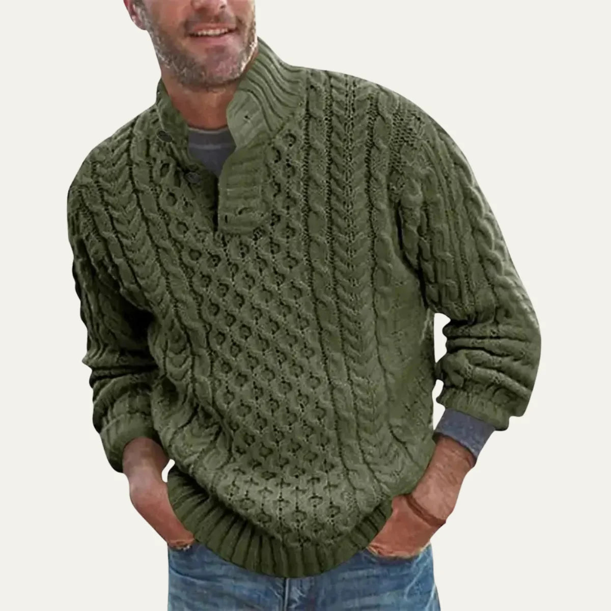 Finnian | Men's Cable-Knit Sweater Chunky Button Neck Textured Warm Soft Smart Casual Everyday Layering Autumn Winter Knitwear
