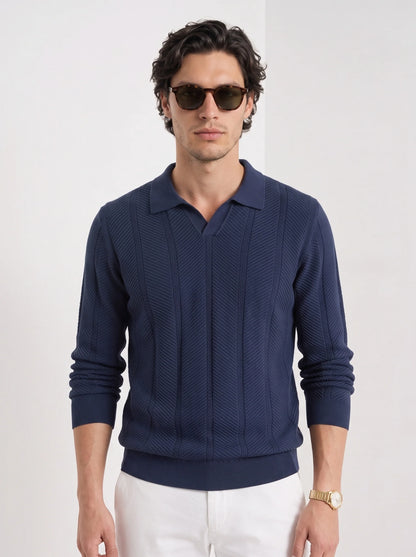 Augustus | Men's Polo Sweater Textured Cotton Long-Sleeve Knit Collared Soft Warm Refined Smart Casual Everyday Layering Autumn