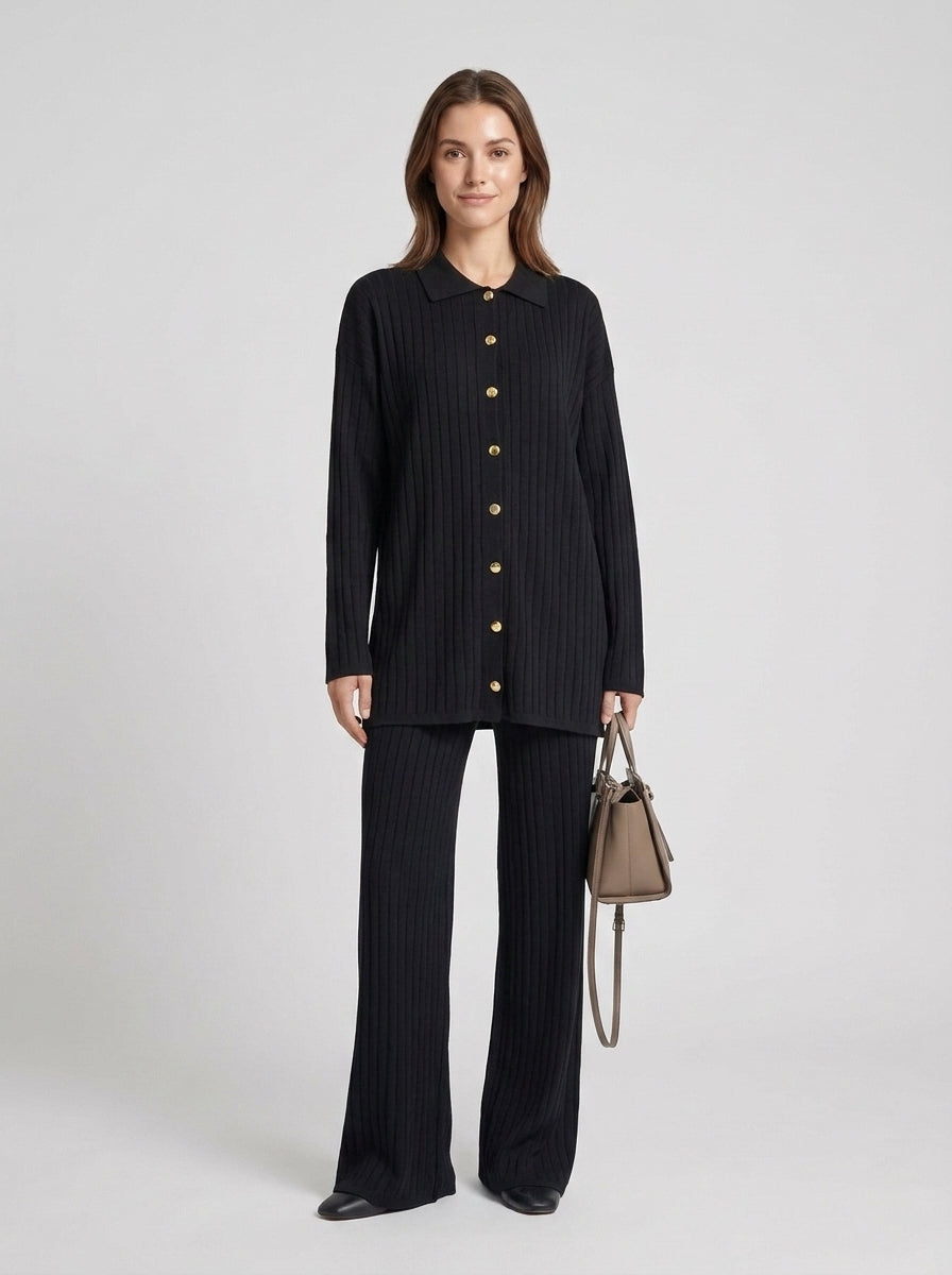 Marie | Women's Co-ord Set Ribbed Knit Longline Button Shirt Straight Trousers Two-Piece Soft Stretch Coordinated Chic Autumn - Front [Lystr 6a8571a82208118807881c0b:front]