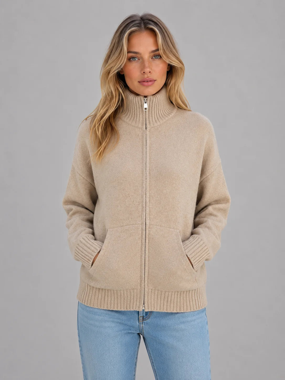 Ramona | Women's Cardigan Zip-Up Knitted Soft Funnel Neck Knit Jacket Cosy Warm Relaxed Layering Chic Feminine Casual Everyday