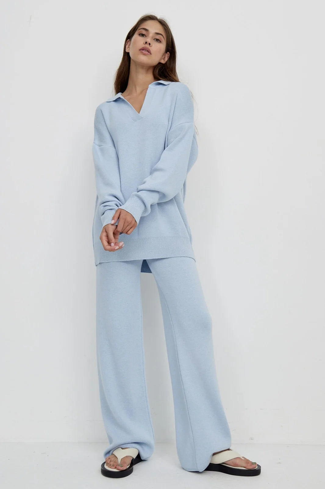 Kamila | Women's Co-ord Set Polo Collar Knit Pullover Wide-Leg Trousers Two-Piece Cosy Knit Coordinated Chic Autumn Winter