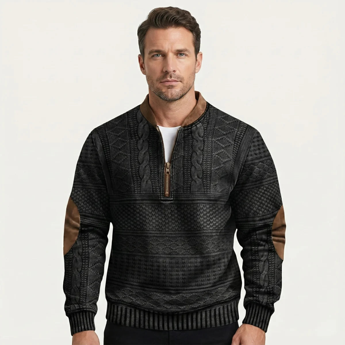 Alaric | Men's Half-Zip Sweater Patterned Elbow Patches Textured Knit Warm Soft Smart Casual Everyday Layering Autumn Winter