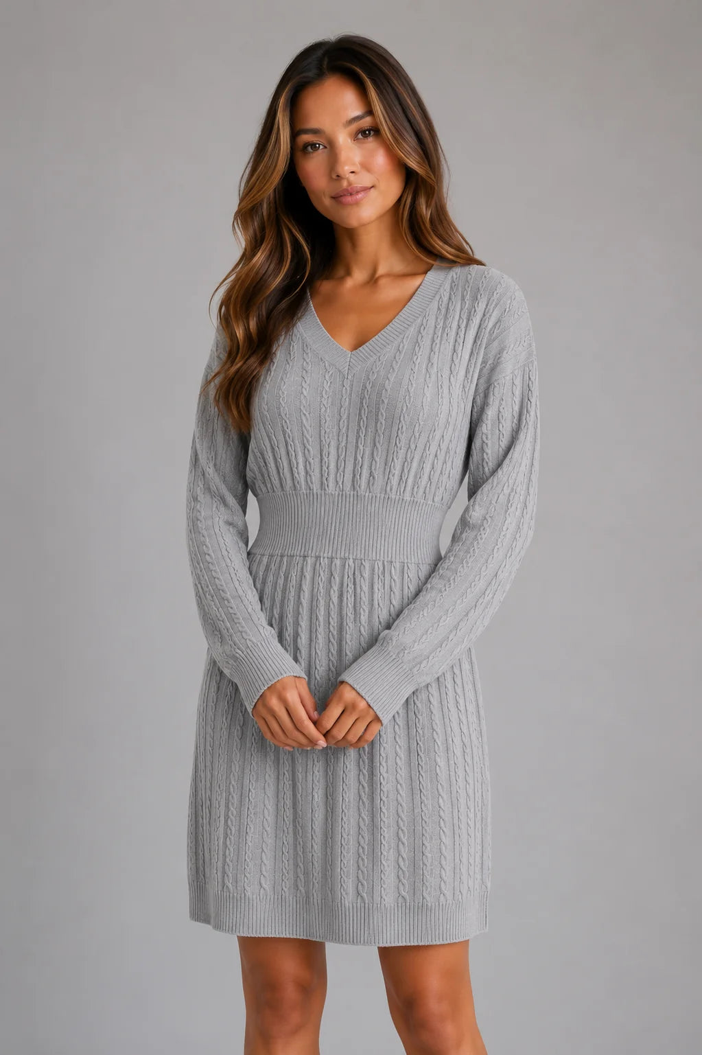 Paris | Women's Midi Dress Cable-Knit V-Neck Shirred Waist Fitted Soft Cosy Warm Feminine Chic Occasion Everyday Autumn Winter
