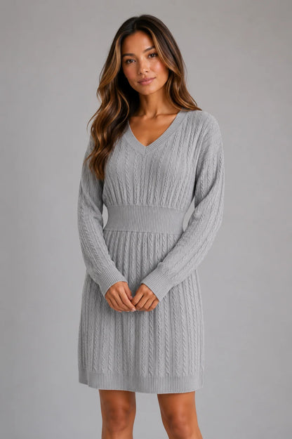 Paris | Women's Midi Dress Cable-Knit V-Neck Shirred Waist Fitted Soft Cosy Warm Feminine Chic Occasion Everyday Autumn Winter