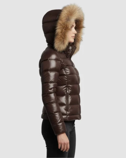 Nina | Women's Puffer Jacket Glossy Hooded Faux Fur Trim Padded Insulated Warm Cropped Casual Everyday Winter Outerwear Cosy