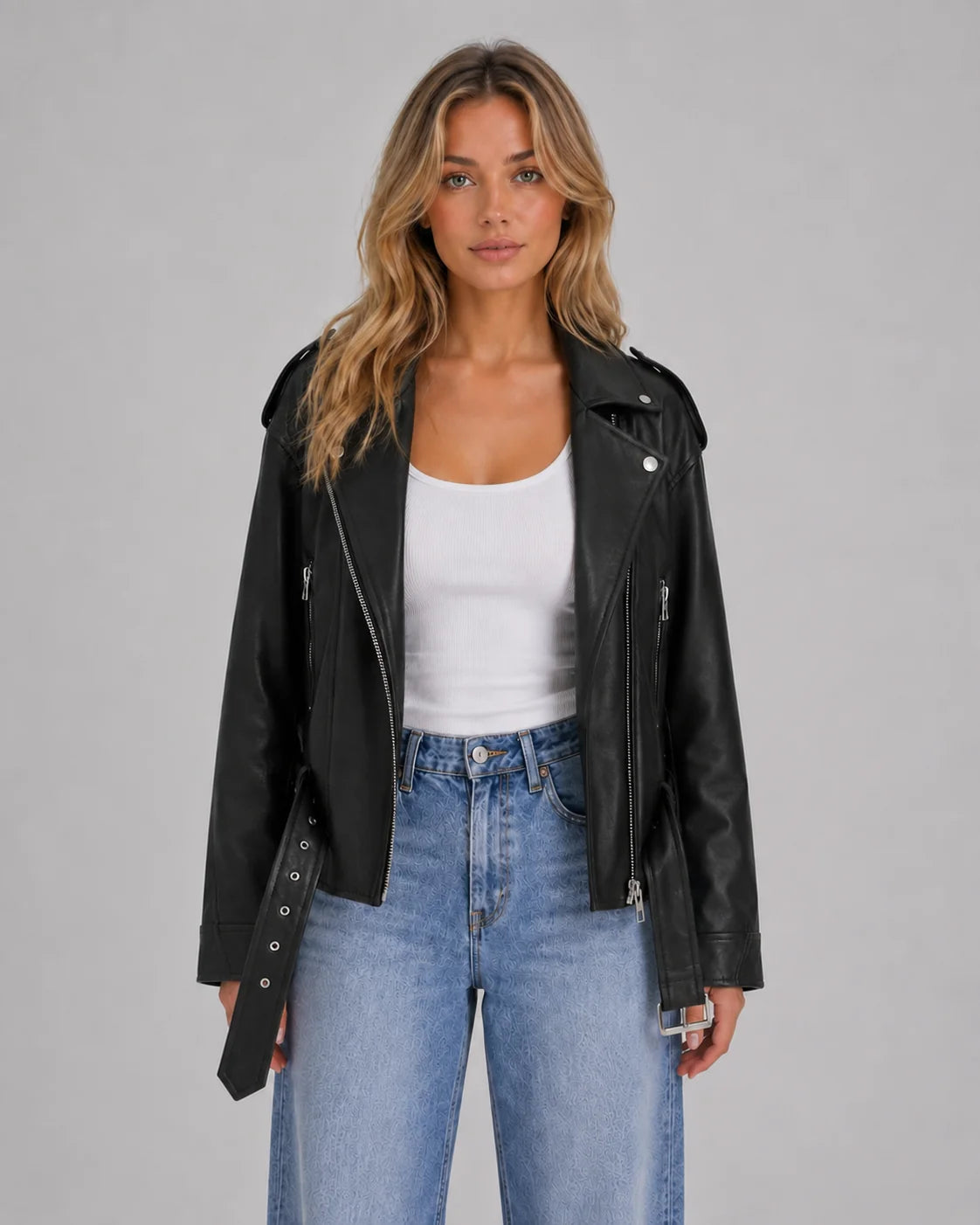 Raina | Women's Jacket Leather Look Biker Relaxed Fit Belted Moto Structured Edgy Chic Casual Everyday Autumn Winter Layering