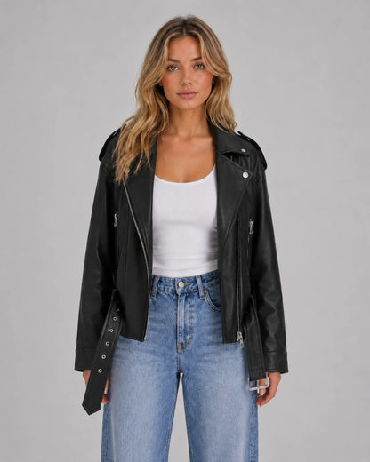 Raina | Women's Jacket Leather Look Biker Relaxed Fit Belted Moto Structured Edgy Chic Casual Everyday Autumn Winter Layering