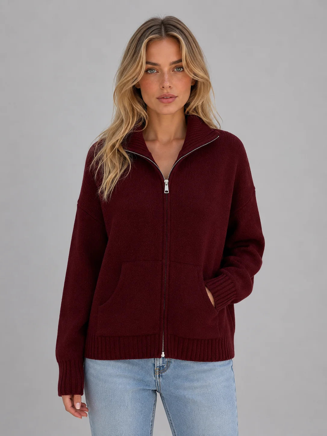 Ramona | Women's Cardigan Zip-Up Knitted Soft Funnel Neck Knit Jacket Cosy Warm Relaxed Layering Chic Feminine Casual Everyday