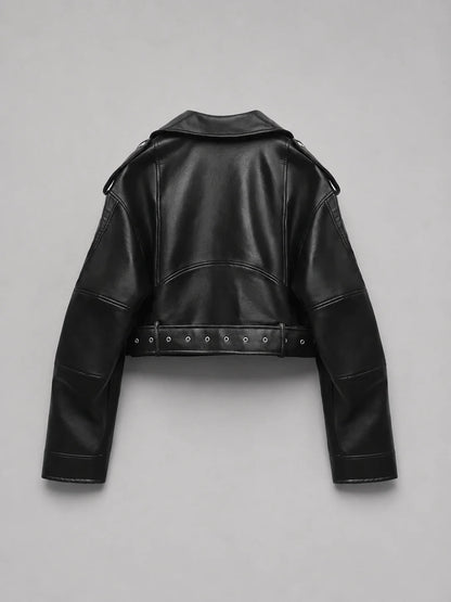 Raina | Women's Jacket Leather Look Biker Relaxed Fit Belted Moto Structured Edgy Chic Casual Everyday Autumn Winter Layering