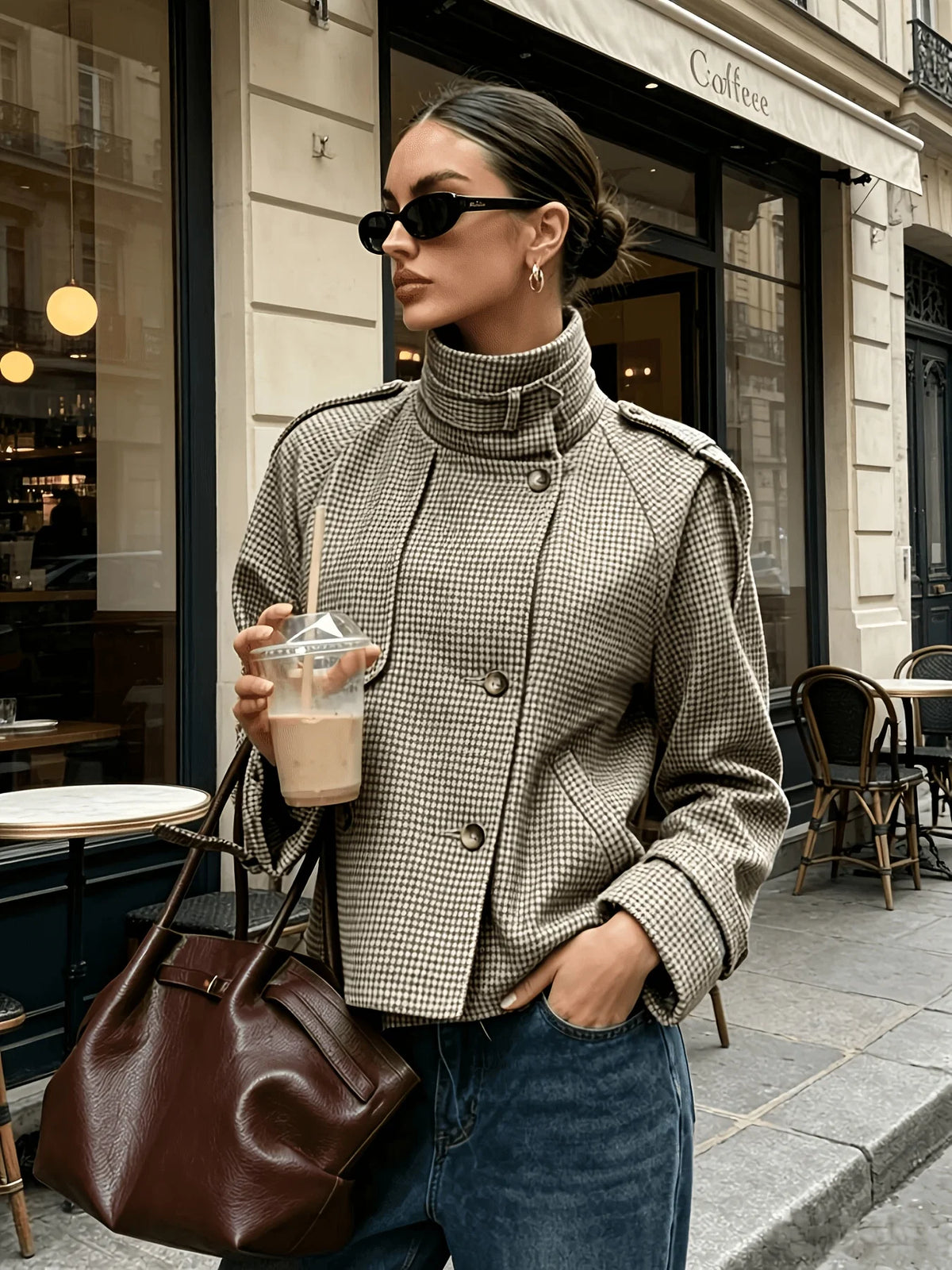 Kyra | Women's Jacket Stand Collar Houndstooth Structured Tailored Patterned Warm Smart Occasion Everyday Autumn Winter Statement