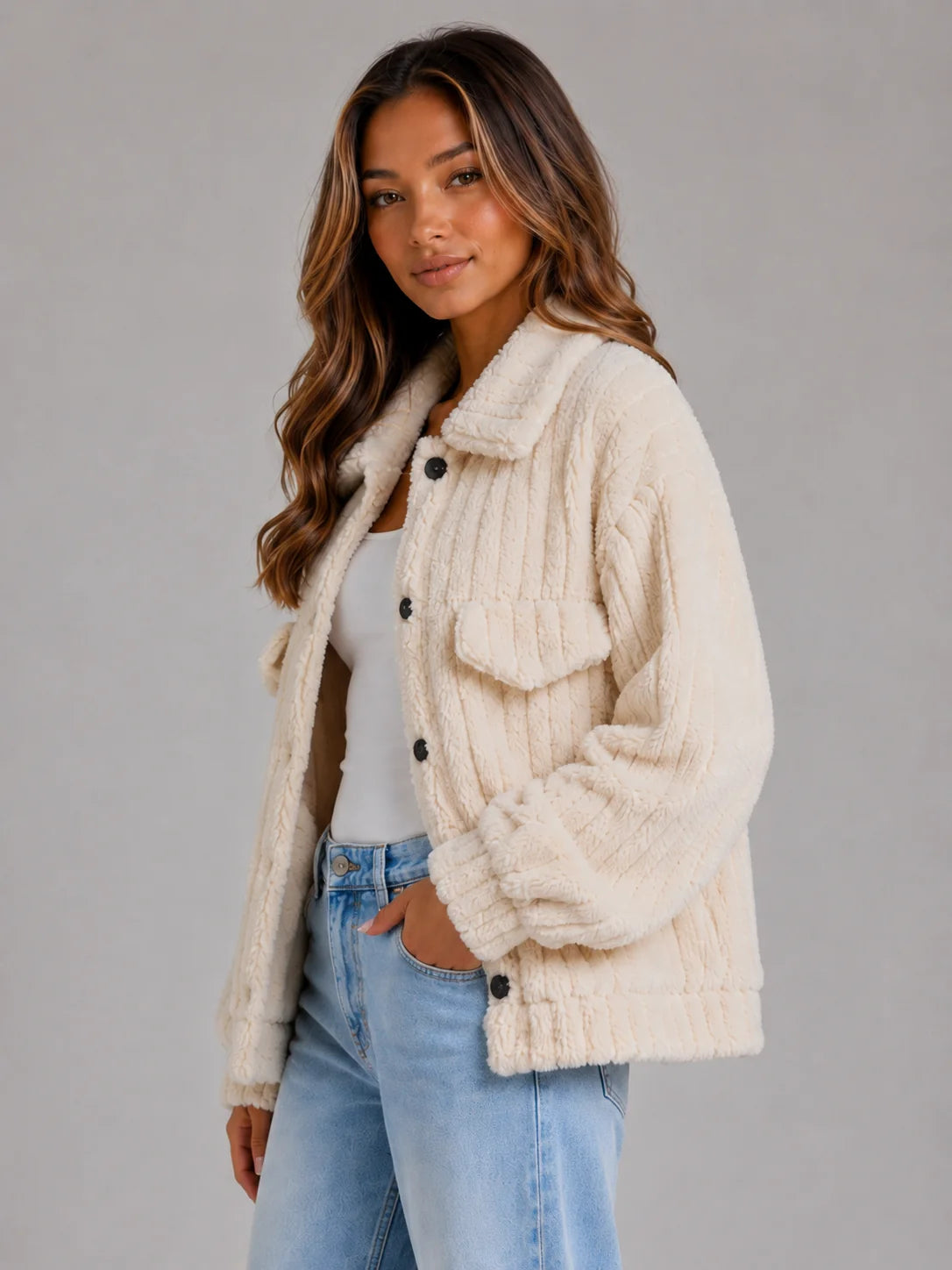 Lorelei | Women's Teddy Jacket Plush Button-Up Collared Fleece Sherpa Soft Cosy Warm Layering Chic Feminine Casual Everyday Autumn