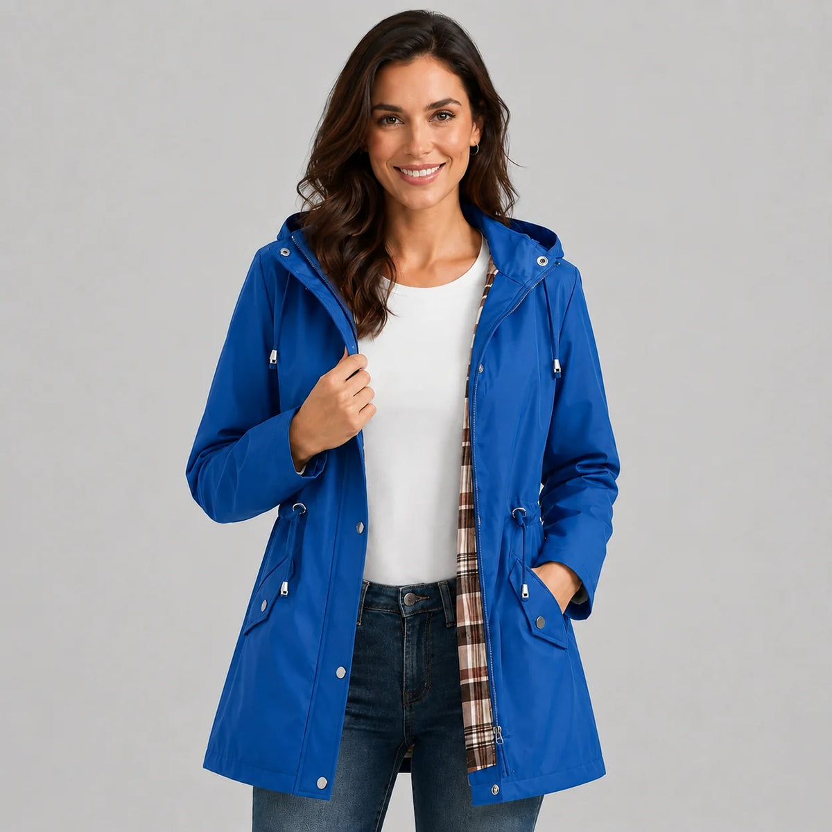 Treasure | Women's Rain Coat Hooded Check-Lined Waterproof Windproof Longline Warm Functional Casual Everyday Outdoor Autumn Winter