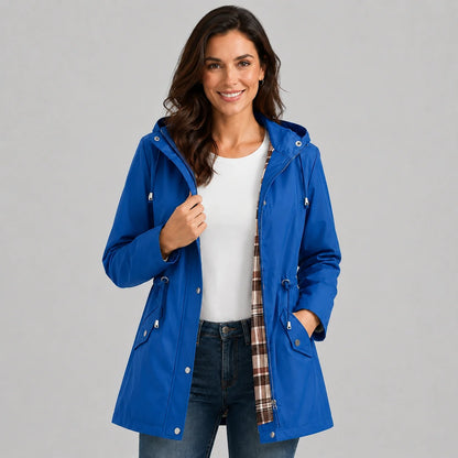 Treasure | Women's Rain Coat Hooded Check-Lined Waterproof Windproof Longline Warm Functional Casual Everyday Outdoor Autumn Winter