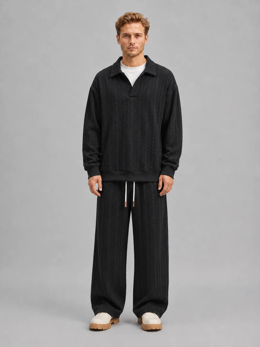 Anderson | Men's Co-ord Set Cable-Knit Collared Top Wide-Leg Trousers Two-Piece Textured Soft Warm Coordinated Refined Everyday