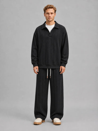 Anderson | Men's Co-ord Set Cable-Knit Collared Top Wide-Leg Trousers Two-Piece Textured Soft Warm Coordinated Refined Everyday