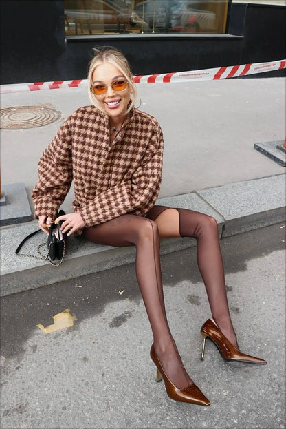 Kamryn | Women's Co-ord Set Houndstooth Zip Jacket Shorts Two-Piece Structured Patterned Chic Autumn Coordinated Statement
