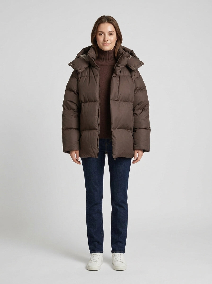 Kali | Women's Puffer Coat Oversized High Neck Hooded Quilted Padded Insulated Warm Pockets Casual Everyday Winter Outerwear - Front [Lystr 6a7eda4d74a56fa975f4d87b:front]