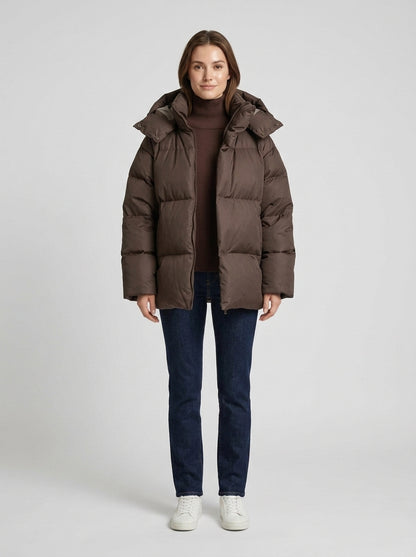 Kali | Women's Puffer Coat Oversized High Neck Hooded Quilted Padded Insulated Warm Pockets Casual Everyday Winter Outerwear - Front [Lystr 6a7eda4d74a56fa975f4d87b:front]